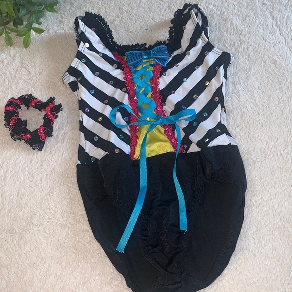 Dansco Leotard MC Black & White w/ Pink Sequin Trim Blue Ribbon EUC Dance - Picture 2 of 14